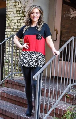 Heimish - BL-ST1265-10 - 2222 TOPS Not So Wild Colorblock Top - Red/Leopard