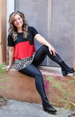 Heimish - BL-ST1265-10 - 2222 TOPS Not So Wild Colorblock Top - Red/Leopard