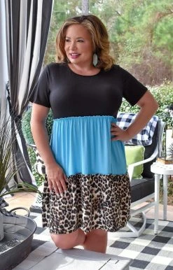 Heimish - BL-SD1266-10 - 21622 Such A Babe Colorblock Dress - Aqua/Leopard