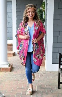 Umgee - A4247 - 31122 TOPS Delicate Dreams Floral Kimono - Hot Pink