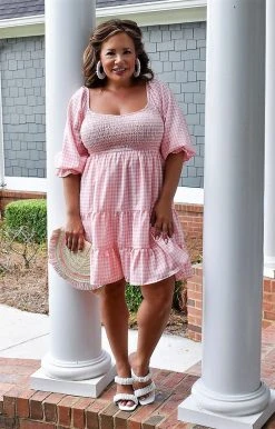 Main Strip - LD52010 - 61722 Living In The Moment Gingham Dress - Pink DRESSES