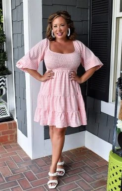 Main Strip - LD52010 - 61722 Living In The Moment Gingham Dress - Pink DRESSES