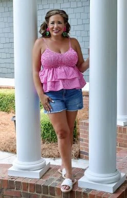 Main Strip - LT33329 - 62222 Love Boldly Gingham Top - Fuchsia