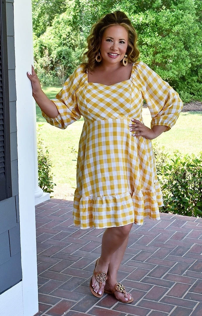 Davi & Dani - JD17066PER - 51922 DRESSES All The Buzz Gingham Dress - Honey