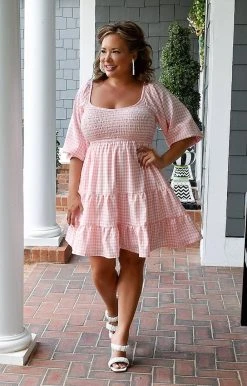Main Strip - LD52010 - 61722 Living In The Moment Gingham Dress - Pink DRESSES