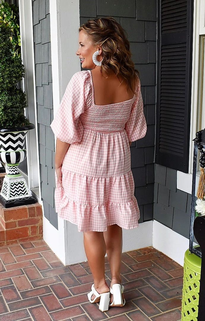 Main Strip - LD52010 - 61722 Living In The Moment Gingham Dress - Pink DRESSES