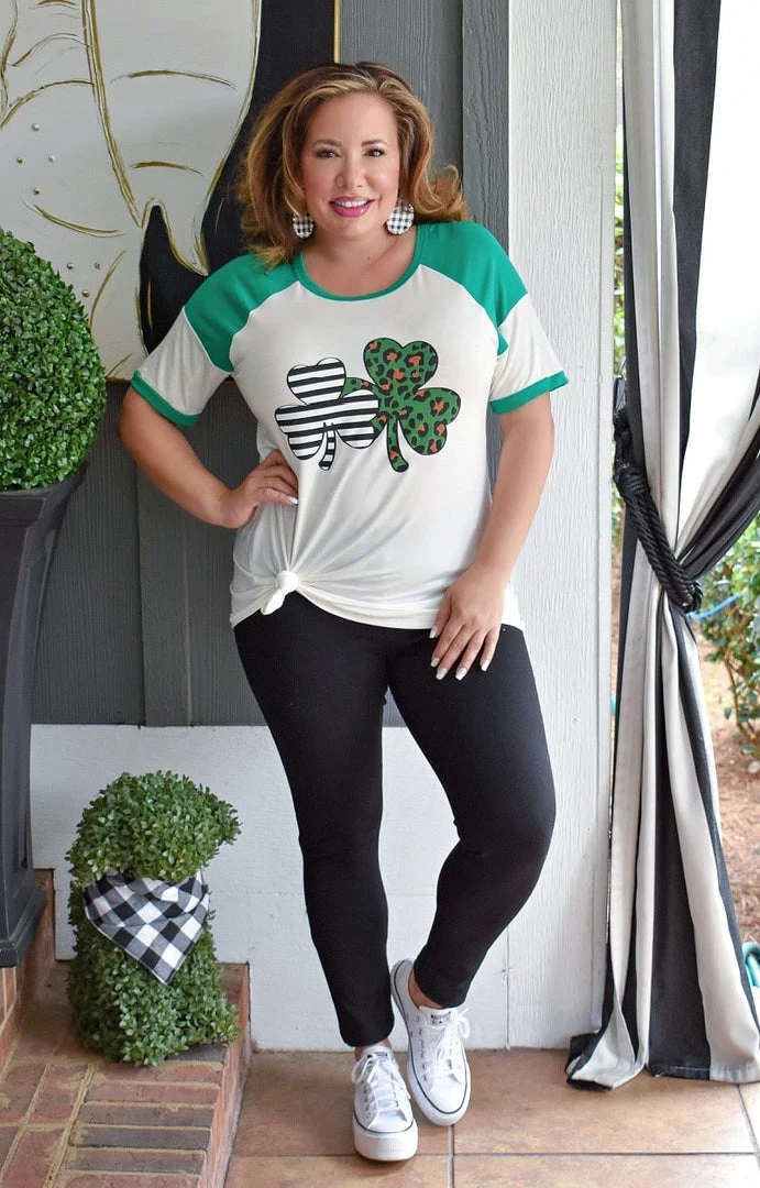 Heimish - BL-SD6277-10 - 22222 Oh So Lucky Print Top - Ivory/Green TOPS