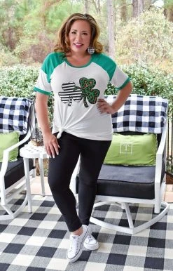 Heimish - BL-SD6277-10 - 22222 Oh So Lucky Print Top - Ivory/Green TOPS