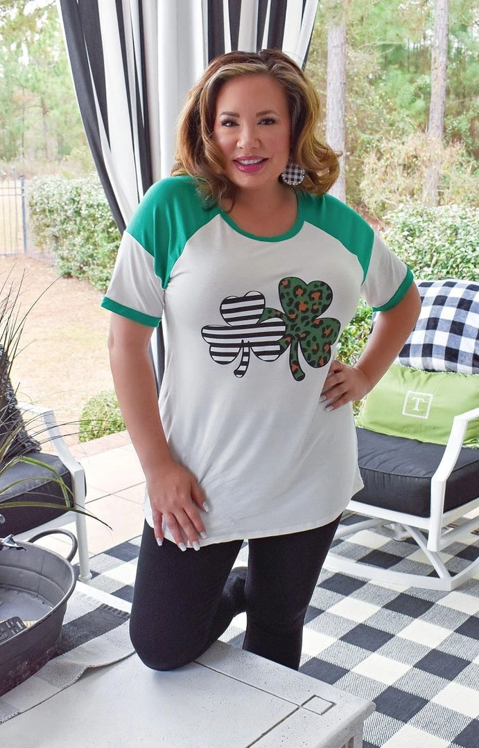 Heimish - BL-SD6277-10 - 22222 Oh So Lucky Print Top - Ivory/Green TOPS