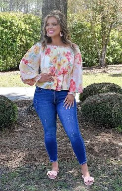 Flying Tomato - IT11529-PP - 4122 TOPS One Step Further Floral Top - Ivory/Multi