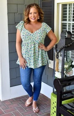 Staccato - 18578B-PP - 51722 Sweet Laughter Floral Top - Green TOPS