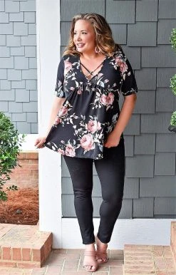 Heimish - BL-ET6117-14 - 31022 Friendly Chats Floral Top - Black TOPS