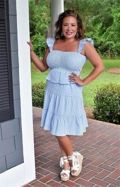 White Birch - D90163XL - 52822 Perfect Day Out Gingham Dress - Light Blue DRESSES