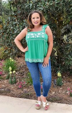 Andree - T10038 - 42122 My Biggest Fan Embroidered Top - Green TOPS