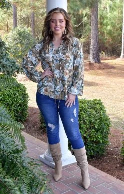 Andree - 19924 - 11522 Fond Memories Floral Top - Olive TOPS