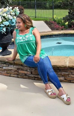 Andree - T10038 - 42122 My Biggest Fan Embroidered Top - Green TOPS