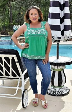 Andree - T10038 - 42122 My Biggest Fan Embroidered Top - Green TOPS