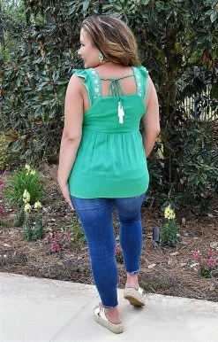 Andree - T10038 - 42122 My Biggest Fan Embroidered Top - Green TOPS
