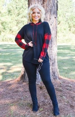 Heimish - BL-ST1499-10 - 10920 Center Of Attention Plaid Hooded Pullover - Black/Red