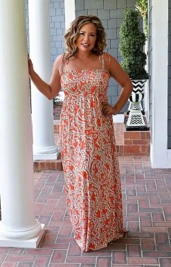 Vision - D1117PP - 61122 Slipping Away Print Maxi Dress - Coral DRESSES
