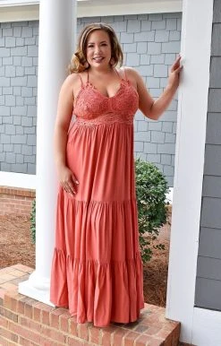 Main Strip - LD51558 - 1422 Dying To Know Lace Maxi Dress - Terracotta DRESSES