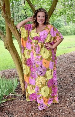 Unique Vintage - 170436-K1046WD0 - 6222 DRESSES On Vacay Time Floral Caftan Maxi Dress - Pink/Orange