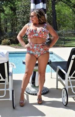 Unique Vintage - CZ187 - 33022 SWIMWEAR Back On Vacation Floral Bikini Top - Turquoise