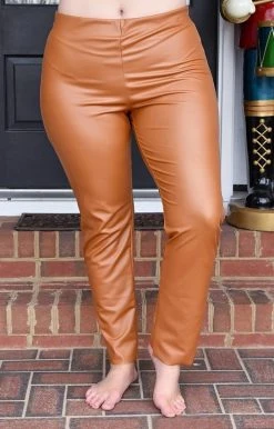 Vision - P121PP - 122021 Figured It Out Faux Leather Leggings - Camel BOTTOMS