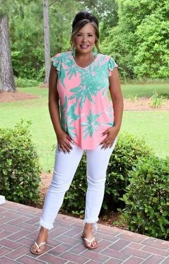 Sew In Love - VT24177-2551B - 5722 Leave Together Print Top - Coral