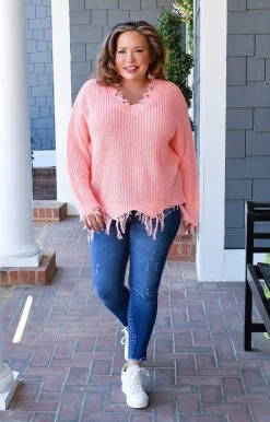 Sew In Love - TCS-3 - 21322 Let In The Love Distressed Sweater - Coral
