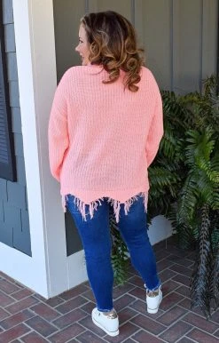 Sew In Love - TCS-3 - 21322 Let In The Love Distressed Sweater - Coral