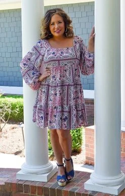 Andree - 94839-PP - 51322 Keeping It Sassy Print Dress - Navy/Magenta