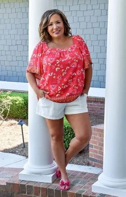 Flying Tomato - IT11522-PP - 4122 TOPS Serious Flirt Print Top - Red