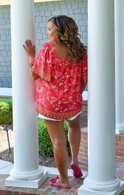 Flying Tomato - IT11522-PP - 4122 TOPS Serious Flirt Print Top - Red