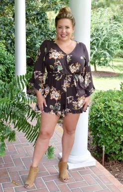 ODDI - IP13724 - 92421 Naturally Charming Floral Romper - Brown BOTTOMS