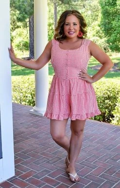 Main Strip - CR71076 - 51622 BOTTOMS Feeling Alive Gingham Romper - Red