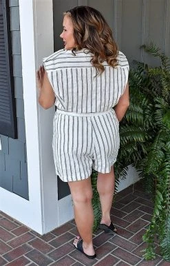 Main Strip - CR70999 - 12622 Two Way Street Striped Romper - White/Gray BOTTOMS