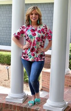 Heimish - ST1958-25 - 71822 Simple Concepts Floral Top - Pink TOPS