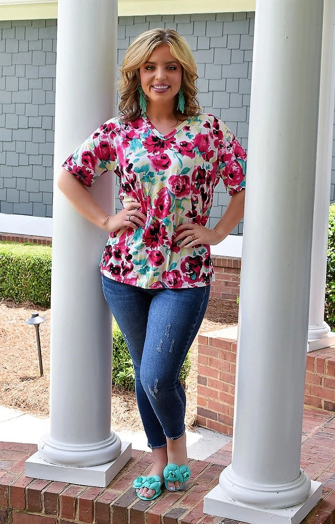 Heimish - ST1958-25 - 71822 Simple Concepts Floral Top - Pink TOPS