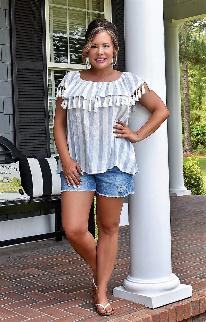 Andree - T10167-PP - 5922 Perfect Pairing Striped Top - Denim Blue TOPS