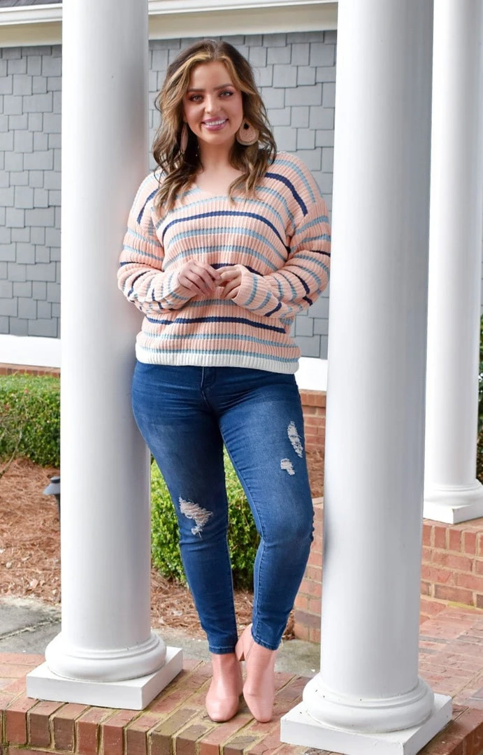 Andree - T10335 - 11722 Get The Message Striped Sweater - Blush