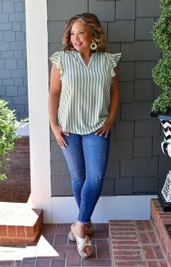 Staccato - 18248B-PP - 51222 Full Of Love Striped Top - Green TOPS