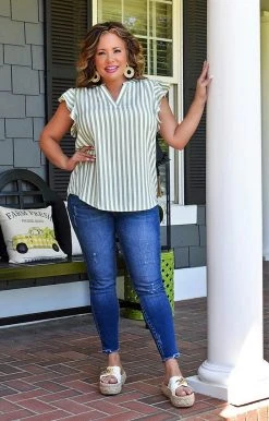 Staccato - 18248B-PP - 51222 Full Of Love Striped Top - Green TOPS