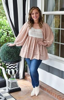 Davi & Dani - DT10610 - 21022 All Dolled Up Embroidered Top - Taupe