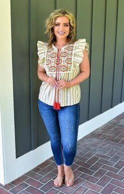 Andree - 18378 - 62922 Tell Me How Embroidered Top - Taupe TOPS