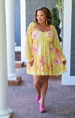 Flying Tomato - LD1406-PP - 41522 Essence Of Love Floral Dress - Yellow DRESSES